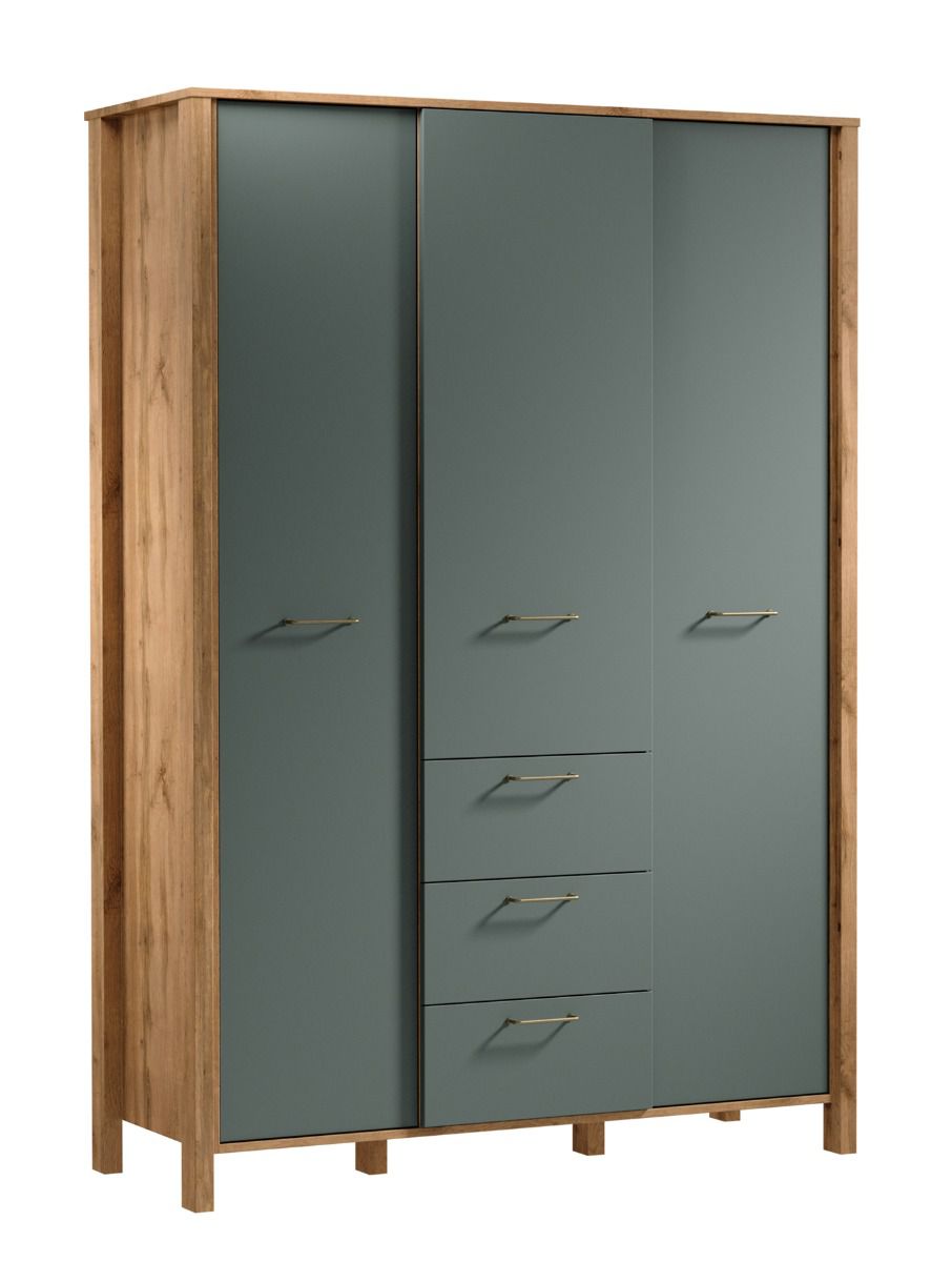 Armoire Braianik 29, fonctionnelle avec 3 tiroirs, 2 tringles à vêtements, 7 étagères, 8 compartiments, 200 x 138 x 53 cm, 3 portes, poignées métalliques