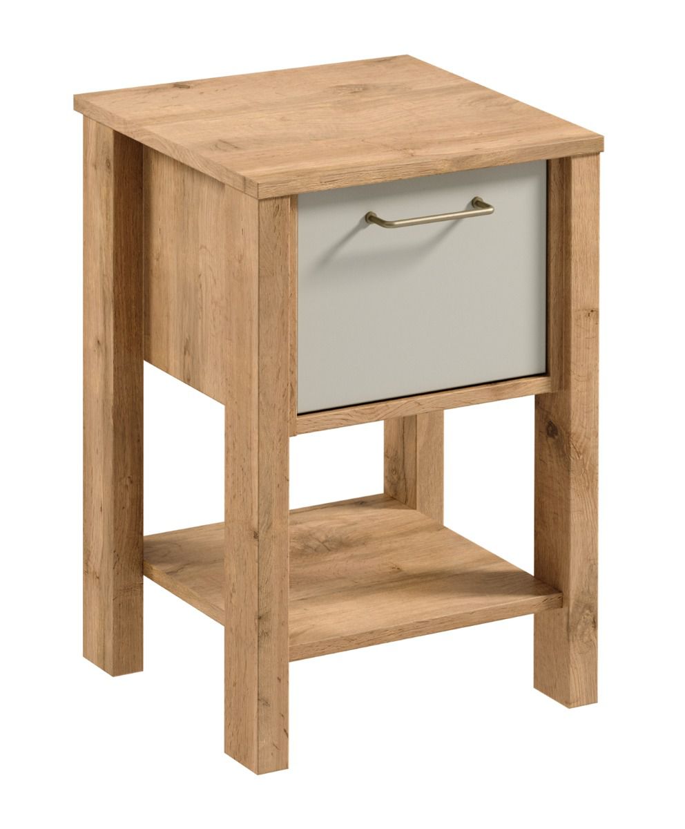 Table de chevet Braianik 15 en chêne Wotan / Beige, pieds 36 mm, poignée métallique, 1 tiroir, 1 compartiment de rangement, 59 x 42 x 37 cm, pour chambre à coucher, ABS