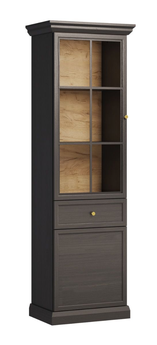 Vitrine Torsakala 20 avec éclairage LED, 200 x 63 x 41 cm, 1 tiroir, 1 porte en bois, 1 porte en verre, 5 compartiments, Noir graphite, poignées en métal