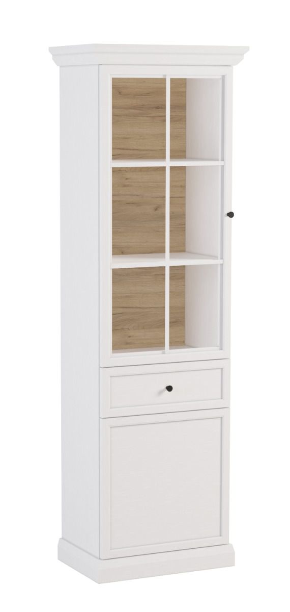 Vitrine Torsakala 08, porte en verre encadrée de bois, 1 porte en bois, 3 étagères, 5 compartiments, 200 x 63 x 41cm, éclairage LED inclus, blanc opale