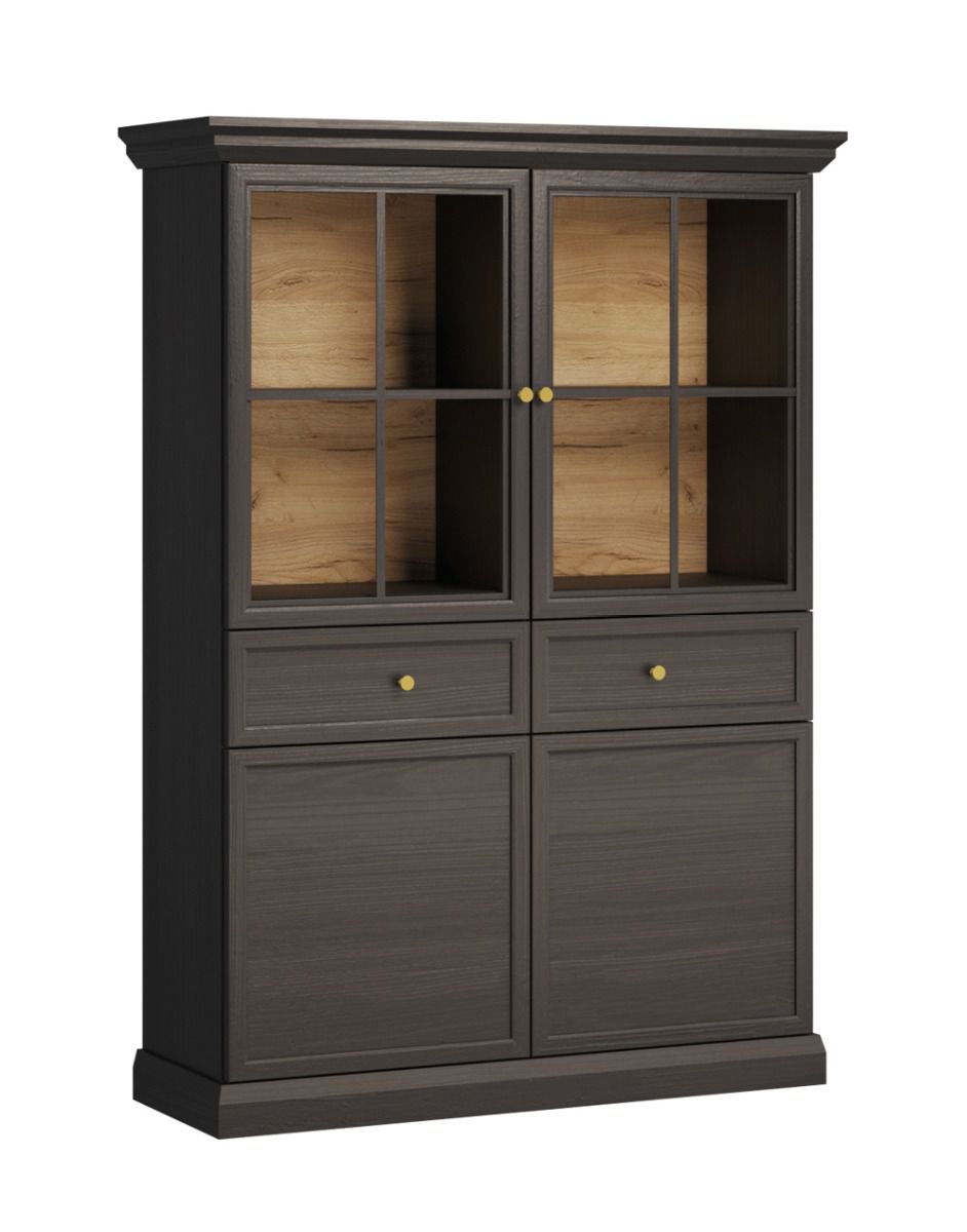 Vitrine Noir Graphite Torsakala 21 avec 8 compartiments, 2 tiroirs, 2 portes vitrées, 2 portes en bois, éclairage LED inclus, 161 x 114 x 40 cm, 4 étagères