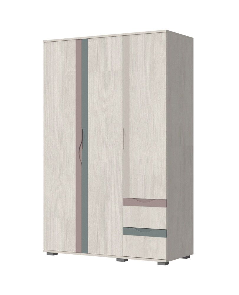 Armoire grand format pour chambre d'enfant / d'adolescent Peter 09, trois portes, Couleur : Pin blanc / Beige / Rose / Bleu, dimensions : 200 x 128 x 56 cm, Soft-close 