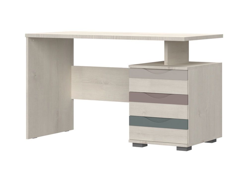 Bureau moderne pour chambre d'enfant / Chambre d'adolescent Peter 11, Couleur : Pin blanc / Beige / Rose / Bleu, avec trois tiroirs, dimensions : 75 x 125 x 60 cm