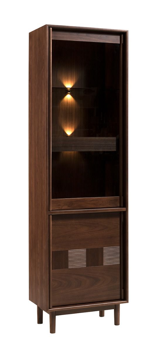 Vitrine Inginele 06 en noyer, éclairage LED inclus, 2 portes, 3 étagères, 5 compartiments, 1 tiroir, 204 x 58 x 43 cm, verre trempé marron Antisol