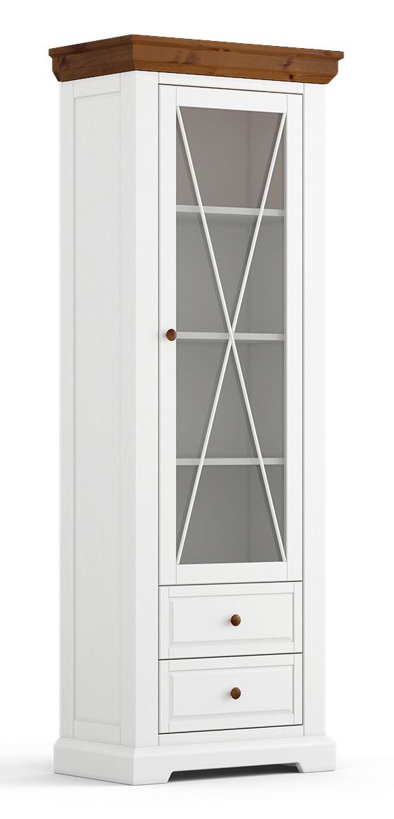 Vitrine étroite Gimone 01 en blanc / tabacco en pin finlandais, 200 x 70 x 41 cm, 1 porte vitrée, 2 tiroirs, 3 étagères, 4 compartiments, classique