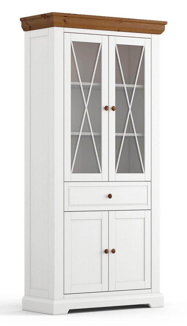 Vitrine Gimone 02 en pin finlandais, blanc / tabacco, 200 x 95 x 41 cm, 2 portes vitrées, 2 portes en bois, 1 tiroir, 3 étagères, 5 compartiments, élégante