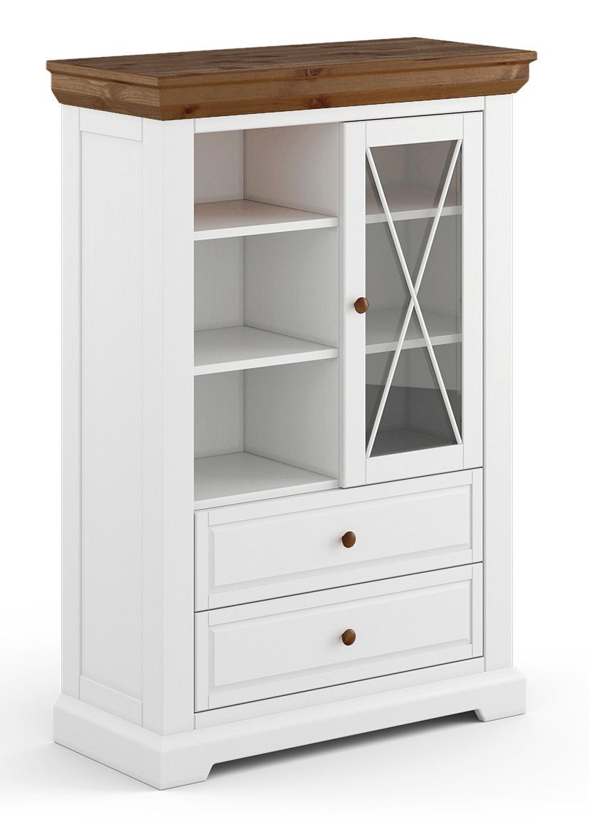 Vitrine Gimone 03 en Blanc / Tabacco, avec 1 porte vitrée, 2 tiroirs, 140 x 95 x 41 cm, Soft Close, en pin finlandais, 3 étagères, 6 compartiments