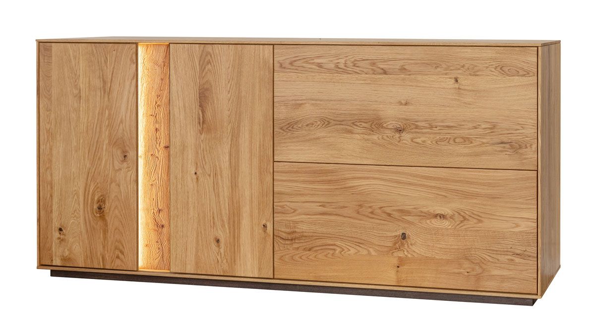 Commode Sienne 05 avec 79 x 165 x 43,5 cm, chêne sauvage massif, huilé, brossé, 2 portes, 2 portes basculantes, 6 compartiments, 2 étagères en bois, éclairage LED inclus