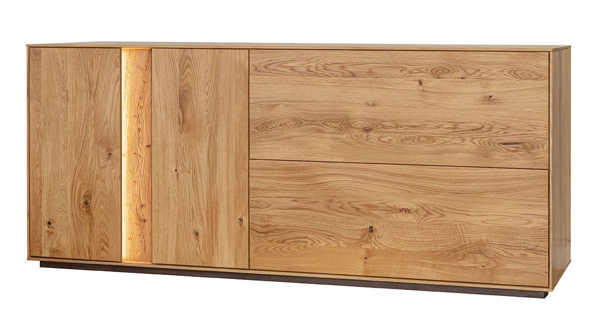 Commode Sienne 06 avec 79 x 185 x 43,5 cm, éclairage LED inclus, Push-to-open, chêne sauvage huilé, bois massif brossé, 2 portes, 2 portes basculantes, 6 compartiments