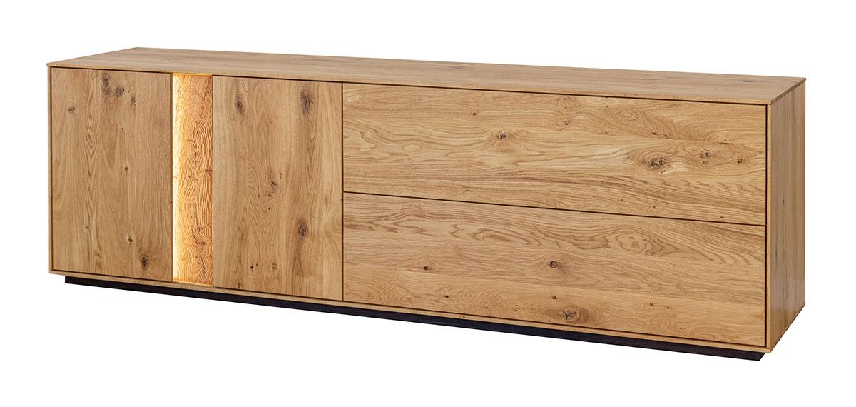 Commode TV Sienne 08 avec 60 x 185 x 43,5 cm, 4 portes, 2 étagères en bois, chêne sauvage massif, huilé, brossé, système push to open, LED incluse, 6 compartiments