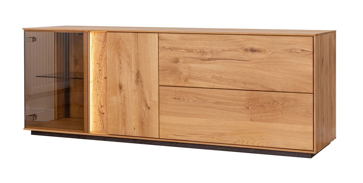 Meuble TV Sienne 09 avec verre teinté, 60 x 165 x 43,5 cm, en bois massif de chêne sauvage, 4 portes, 6 compartiments, Push-to-open, éclairage LED inclus