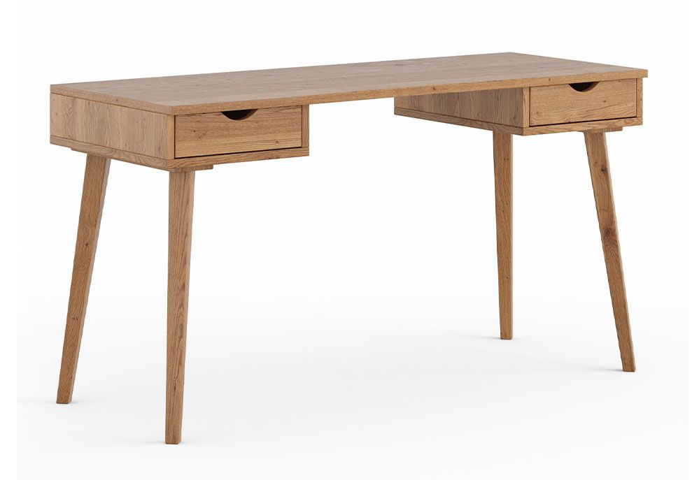 Bureau Mina 01 avec 2 tiroirs, équipé de Soft-Close, en bois massif de chêne sauvage, 75 x 138 x 55 cm, pour le bureau, pour le salon, naturel