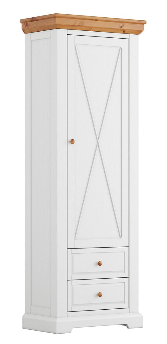 Armoire étroite Bresle 14 avec 200 x 70 x 42 cm, blanc / naturel, en pin finlandais, 1x porte en bois, 2x tiroir, 1x étagère, système Soft-Close