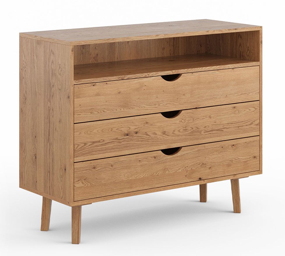 Commode Mina 03 naturelle en chêne sauvage massif, 90 x 110 x 40 cm, 3 tiroirs avec système Soft-Close, 1 compartiment ouvert, bois huilé, élégante