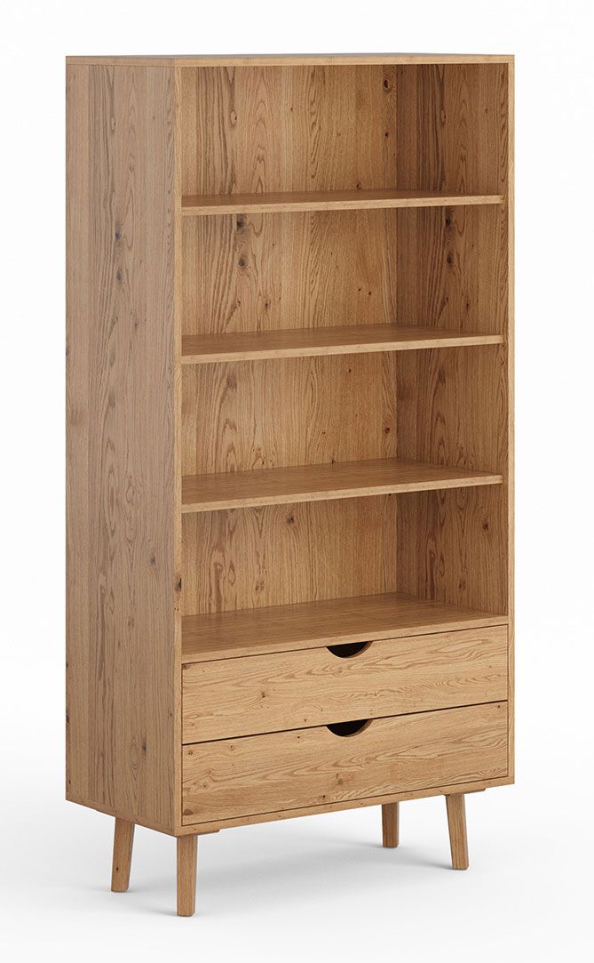 Étagère Mina 05 en bois massif de chêne sauvage, 180 x 90 x 40 cm, 4 compartiments, 3 étagères, 2 tiroirs avec fermeture en douceur, pieds de 15 cm de haut, bois huilé, naturel