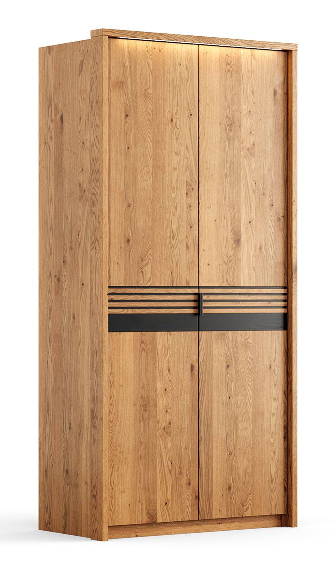 Armoire Thari 01 en chêne / noir, en bois massif, 219 x 106 x 58 cm, 2 portes, 1 étagère, 1 tringle à vêtements, système Soft-Close, luxueux