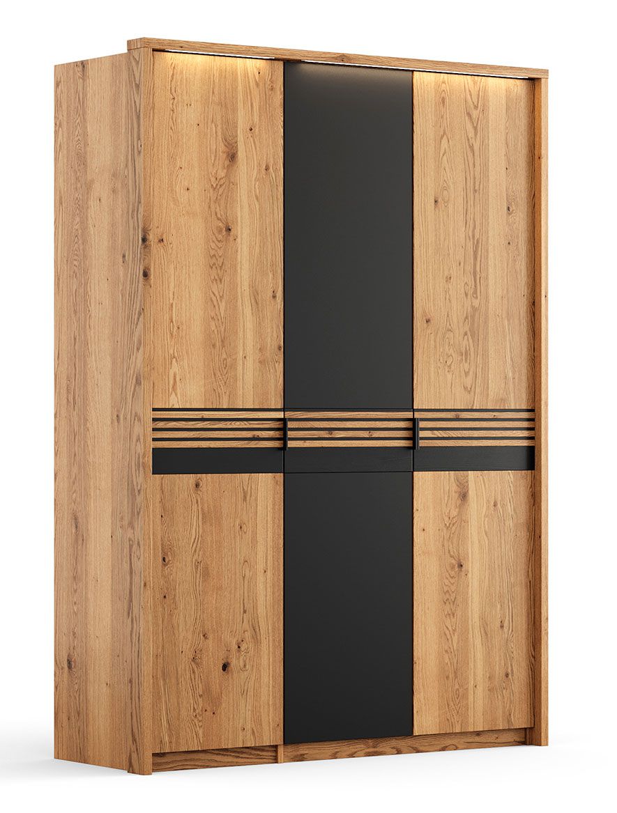 Armoire Thari 03, bois massif, chêne / noir, finition à l'huile, 2 portes, 1 porte vitrée noire, 2 tablettes, 2 tringles, 219 x 156 x 58 cm, Soft Close