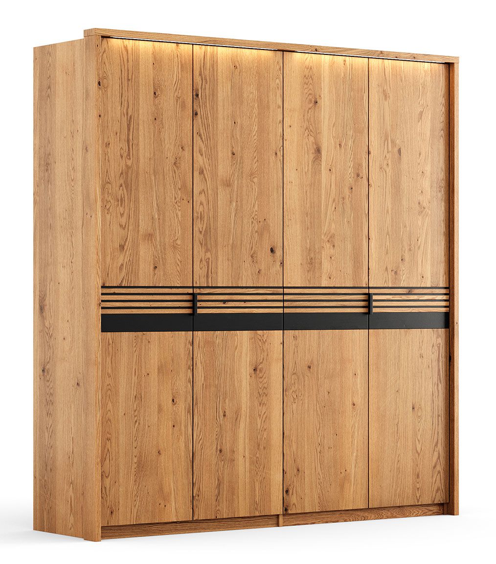 Armoire Thari 04 avec 4 portes, en bois massif, chêne / noir, surface huilée, 2 étagères, 2 tringles à vêtements, 219 x 206 x 58 cm, Soft Close