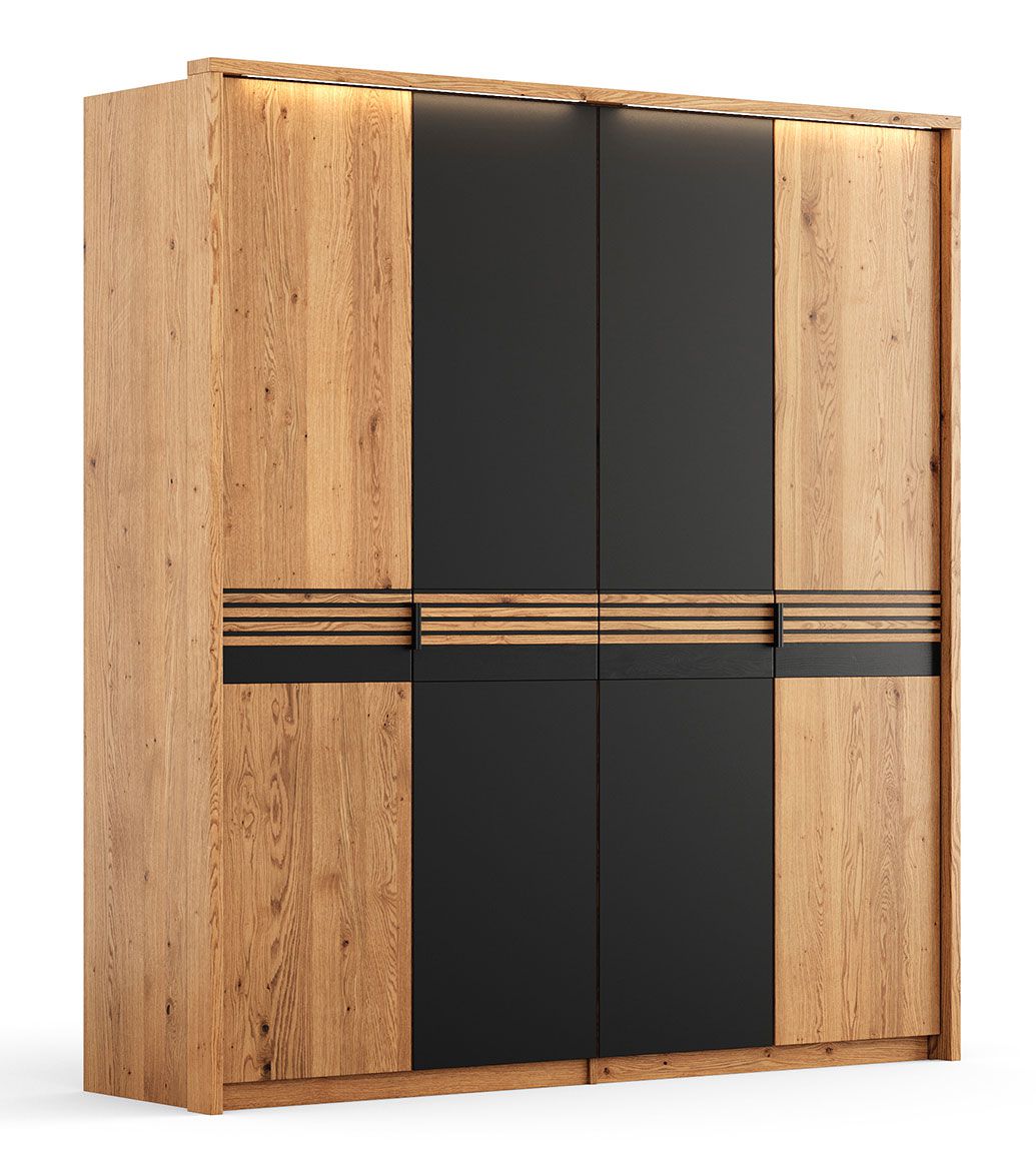 Armoire Thari 05 en chêne / noir, bois massif huilé, 219 x 206 x 58 cm, avec 2 portes, 2 portes vitrées noires, 2 tringles à vêtements, 2 étagères