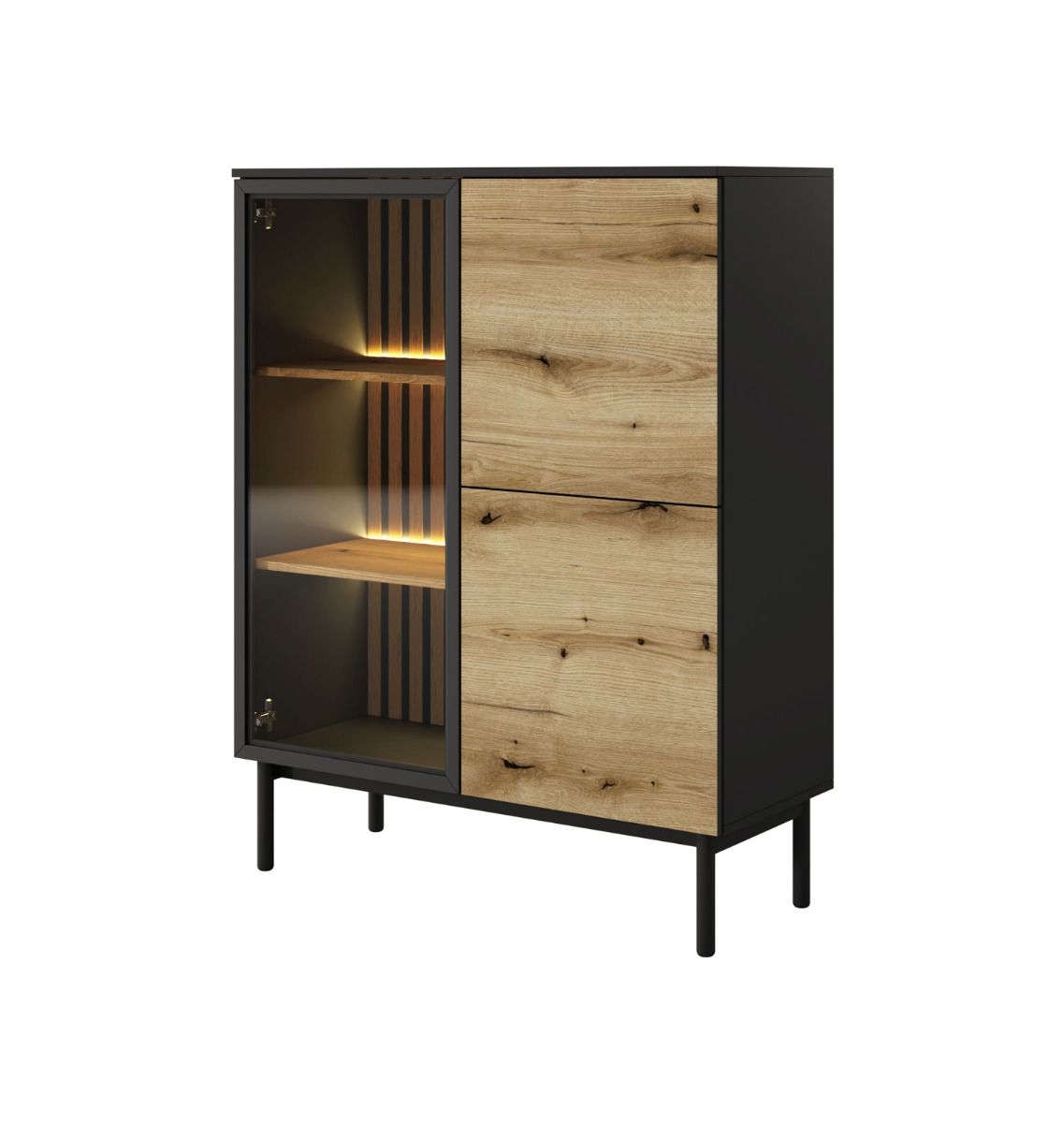 Petite vitrine à sept compartiments Zeraoua 02, fonction push-to-open, Couleur : Noir / Chêne, éclairage LED inclus, dimensions : 125 x 100 x 39 cm, 3 portes