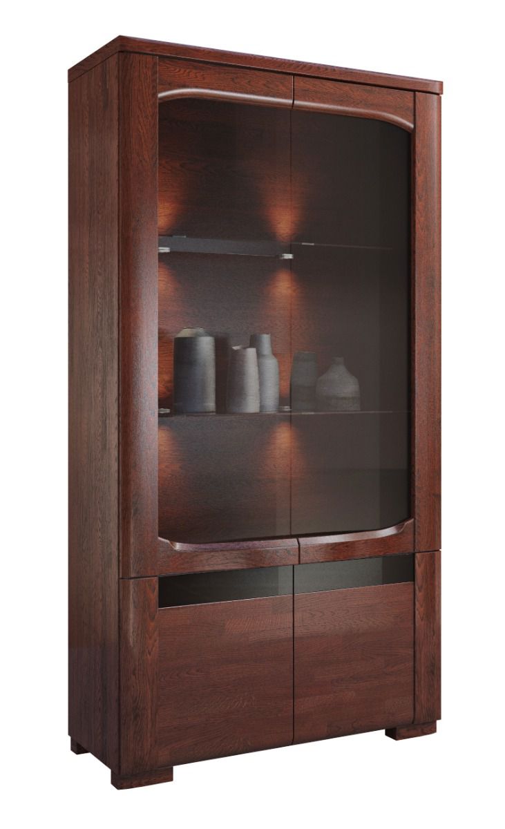 Grande vitrine Krasno 01, chêne massif, fonction push-to-open, éclairage LED inclus, dimensions : 193 x 101 x 45 cm, avec placage chêne naturel 