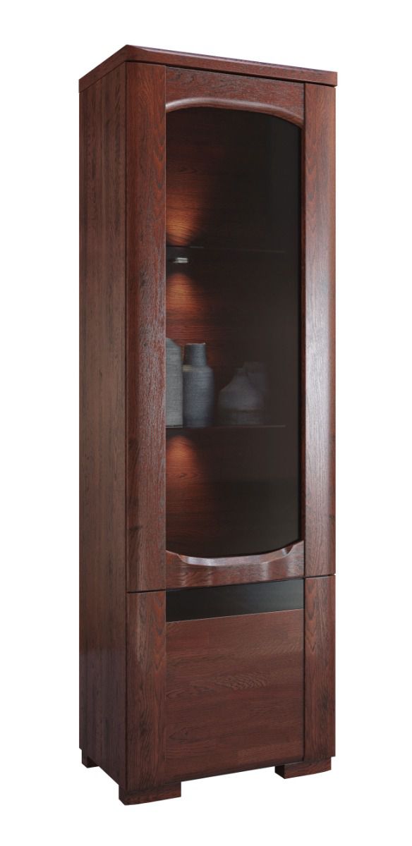 Vitrine avec cinq casiers Krasno 03, charnières à droite, Chêne massif, Dimensions : 193 x 61 x 45 cm, Eclairage LED inclus, Fonction push-to-open