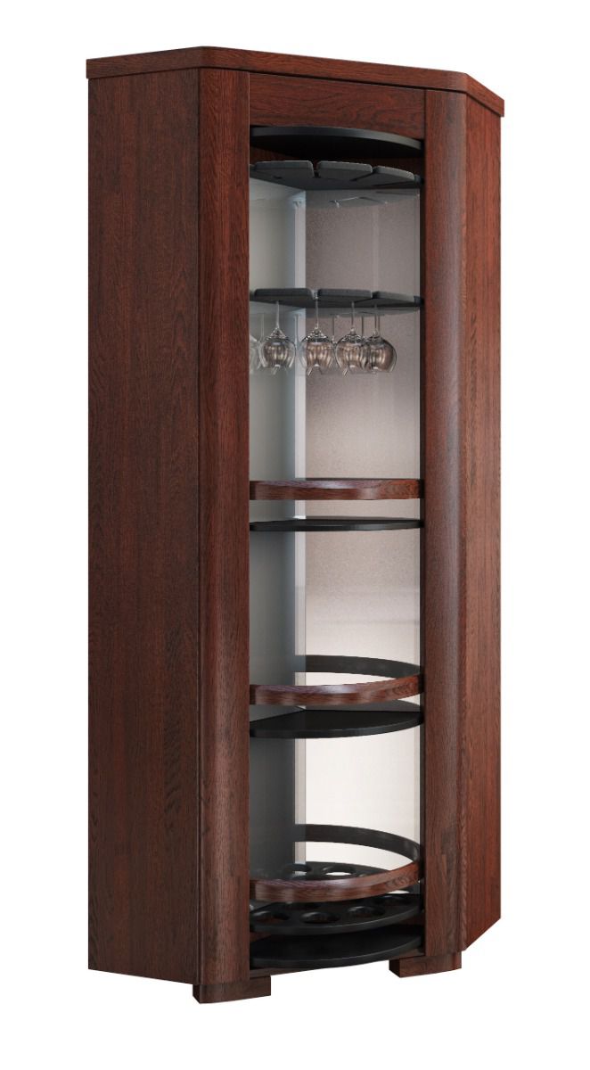 Armoire bar d'angle avec étagères pivotantes et deux supports en verre Krasno 04, Chêne massif, Dimension : 193 x 69 x 69 cm, Placage chêne naturel 