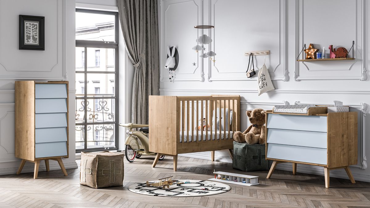 Chambre d'enfant - Ensemble F Aleksander, 4 pièces, Couleur : Chêne / Bleu, 1 lit à barreaux, 1 commode étroite, 1 commode avec plan à langer, fonction push-to-open