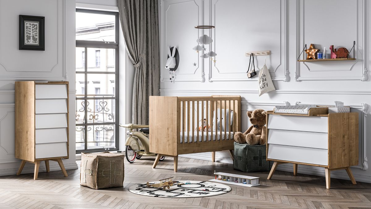 Moderne chambre d'enfant - Ensemble M Aleksander, 4 pièces, Couleur : Chêne / Blanc, 1 lit à barreaux, 1 commode avec plan à langer, 1 commode étroite