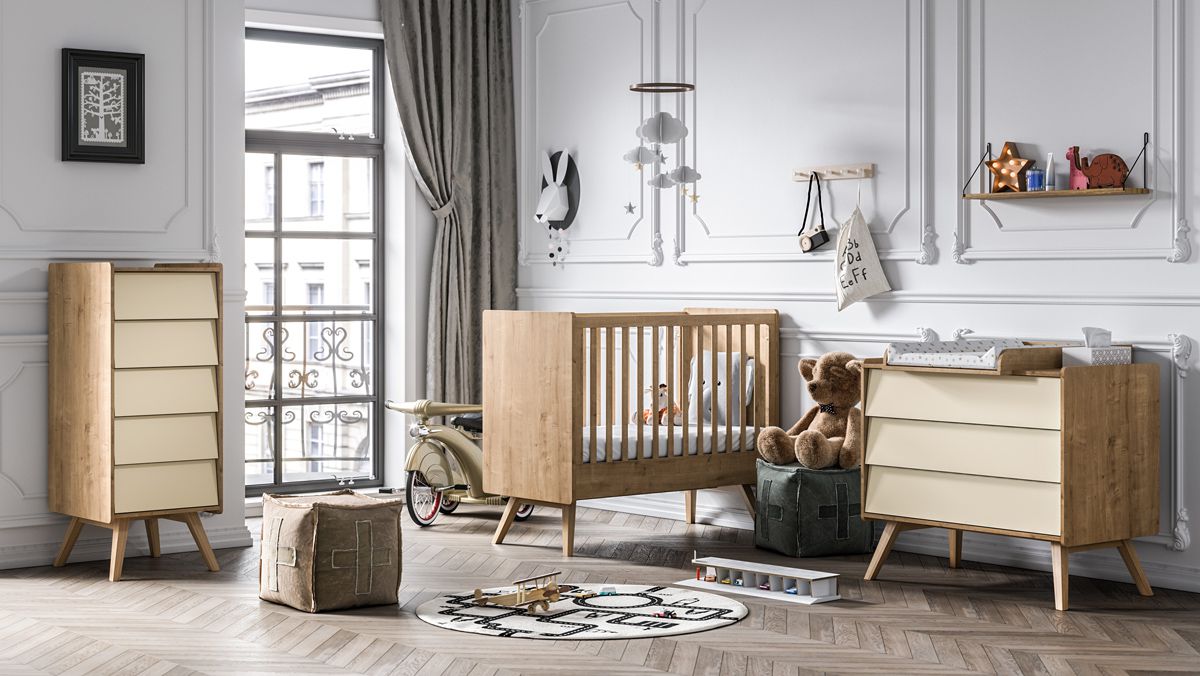 Chambre d'enfant - Ensemble N Aleksander, 4 pièces, Couleur : Jaune / Chêne, 1 lit à barreaux, 1 commode avec plan à langer, 1 commode étroite, fonction push-to-open