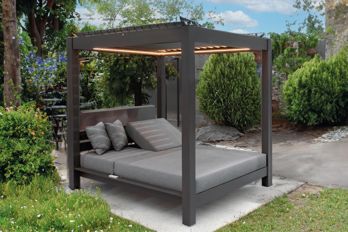 Lit lounge de jardin London avec toit, Couleur : Anthracite, tissu : gris foncé, 2050 x 1800 x 2000 mm, cadre alu stable, rembourrage étanche 180 mm