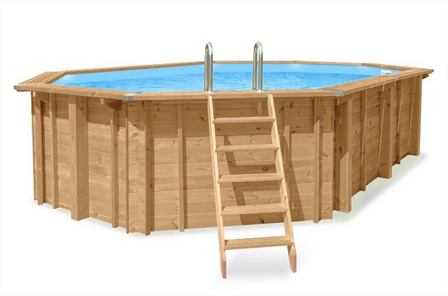 Piscine en bois Sunnydream 07, ovale, 8,40 x 4,90 mètres, avec système de filtration Premium, média filtrant, échelle de piscine, liner de piscine, voile de fond et voile de paroi, raccords d'angle en acier inoxydable