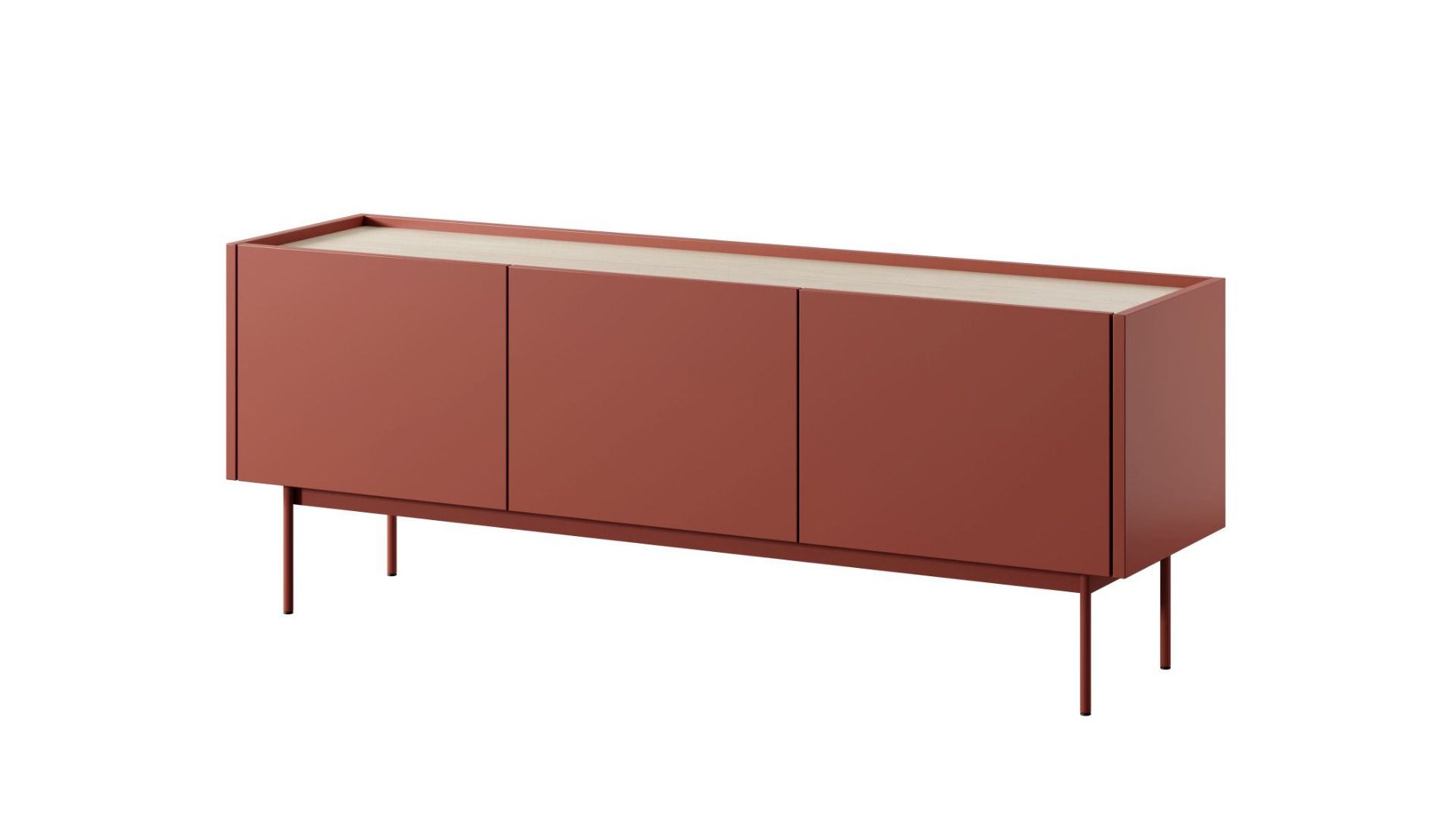 Meuble TV Cascob 01, Rouge Céramique / Chêne, 55 x 144 x 37 cm, avec 3 compartiments et système Soft Close, robuste et stable, Matériaux de haute qualité