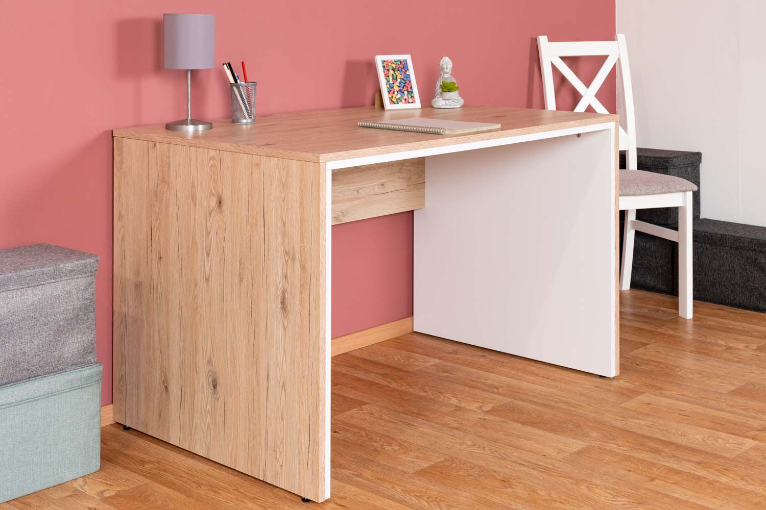 Bureau Cianjur 05, couleur : chêne / blanc - Dimensions : 77 x 120 x 75 cm (H x L x P)