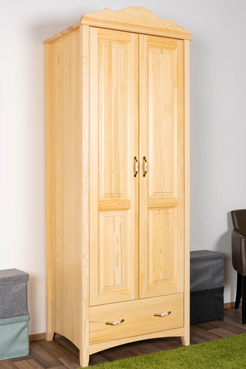 Armoire en bois de pin massif naturel Turakos 02 avec tringle à vêtements - Dimensions 214 x 80 x 60 cm (H x L x P)