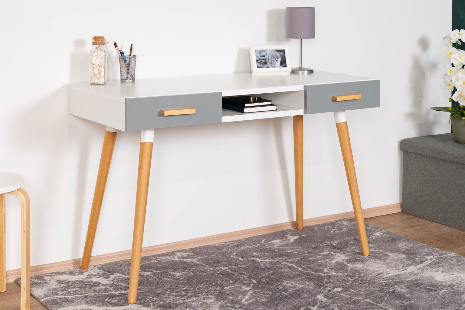 Bureau Hohgant 12, Couleur : Blanc / Gris brillant - 76 x 120 x 52 cm (H x L x P)