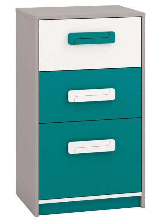 Chambre d'enfant - Commode Renton 17, couleur : gris platine / blanc / vert bleu - Dimensions : 94 x 54 x 40 cm (H x L x P), avec 3 tiroirs