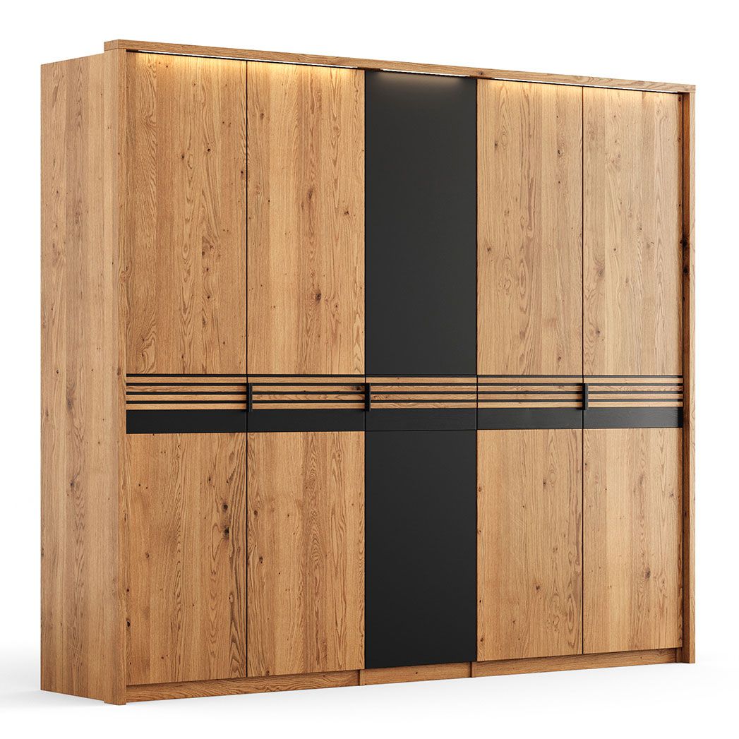 Armoire Thari 07, bois massif, chêne / noir, 4 portes, 1 porte vitrée noire, 3 étagères, 3 tringles à vêtements, 219 x 256 x 58 cm éclairage LED inclus