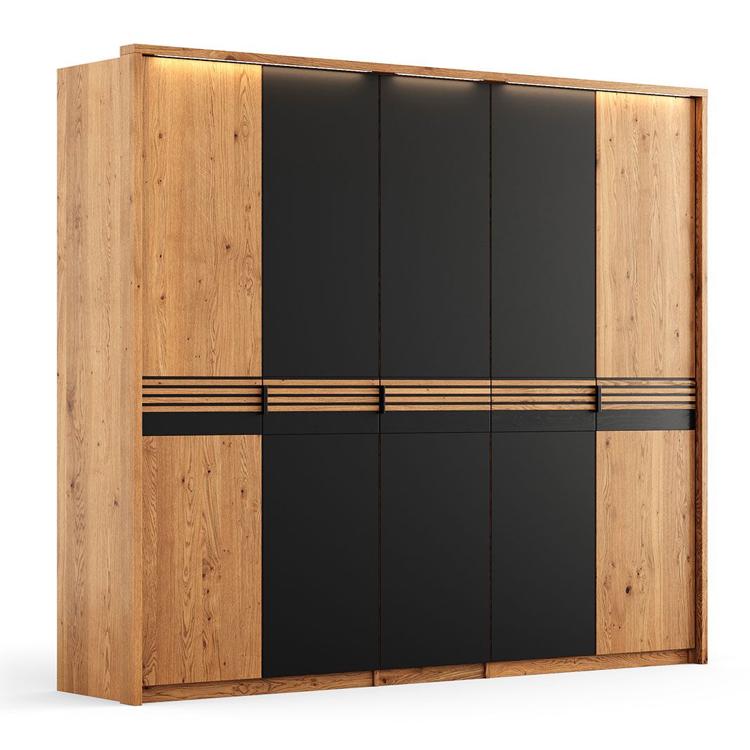 Armoire Thari 08 avec 219 x 256 x 58 cm, 2 portes, 3 portes vitrées noires, bois massif huilé, chêne / noir, 3 étagères, 3 tringles à vêtements