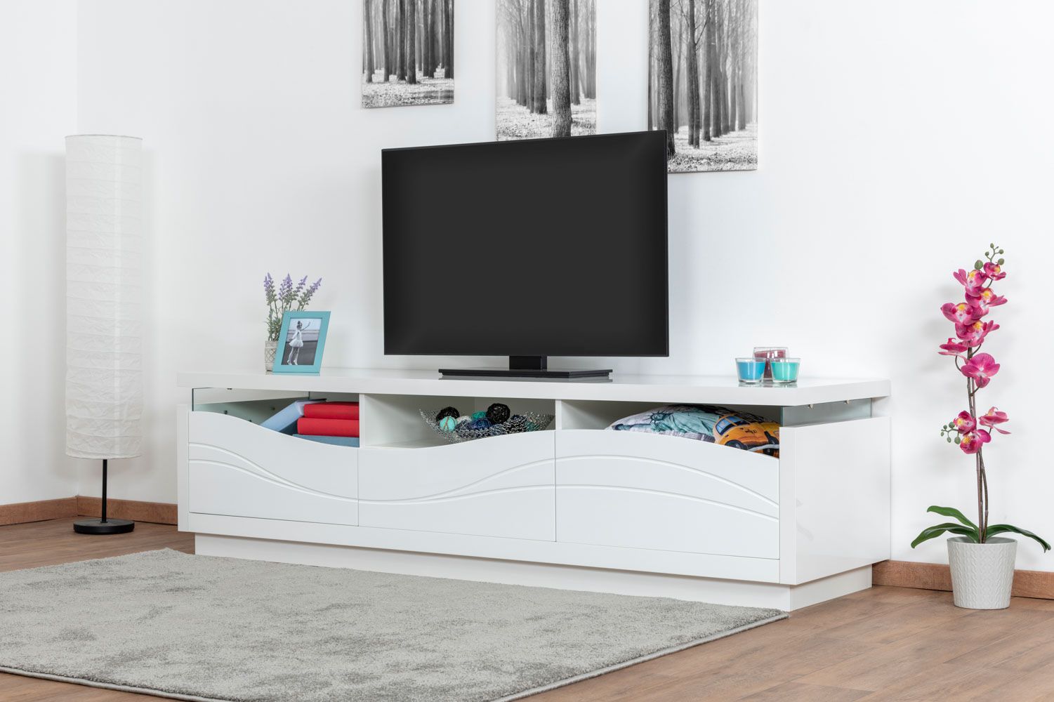 Meuble TV Patamea 03, couleur : blanc brillant - 48 x 180 x 50 cm (h x l x p)