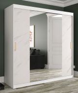 Armoire élégante avec grand miroir Etna 68, Couleur : Blanc mat / Marbre blanc - Dimensions : 200 x 200 x 62 cm (h x l x p), avec 10 compartiments et deux tringles à vêtements