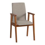 Fauteuil Smilten avec accoudoirs, assise confortable, corps en hêtre massif, laqué châtaignier, revêtement textile en PP, rembourrage en mousse T-25