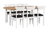 Salle à manger - Set O, 7 - pièces, table en bois extensible en blanc/chêne, 6 chaises en bois blanc avec rembourrage confortable en noir, bois robuste