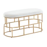 Banc ovale en velours, Couleur : Blanc / Or - dimensions : 46 x 90 x 38 cm (h x l x p)