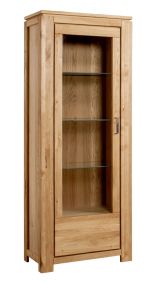 Vitrine massive Floresta 05, ouverture de porte : à gauche, de style moderne, avec trois étagères en verre, couleur : Naturel, chêne massif, 204 x 81 x 48 cm, avec cinq casiers