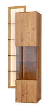 Vitrine suspendue Sienne 04 avec 1 porte, verre teinté, chêne sauvage massif, push-to-open, 8 étagères, éclairage LED inclus, 175 x 73 x 37 cm, bois brossé