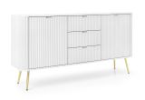 Commode Makreb 10 en blanc, 87 x 168 x 61,5 cm, Soft Close, 3 tiroirs, façades fraisées, pieds en métal doré, 4 compartiments, 2 portes, ABS