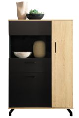 Vitrine Riemst 06, Couleur : Chêne / Noir - Dimensions : 134 x 90 x 40 cm (H x L x P)