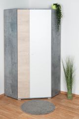 Armoire à portes battantes de la chambre des jeunes / armoire d'angle Lede 02, couleur : gris / chêne / blanc - Dimensions : 190 x 90 x 90 cm (H x L x P)