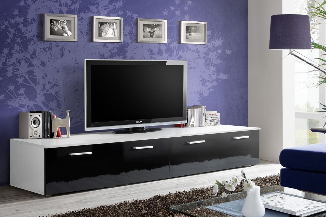 Meuble TV Élégant, Meuble Bas, Blanc Brillant, 200 cm, Éclairage LED, Meuble  de Salon. Design Moderne. Surface en Verre Élégante.